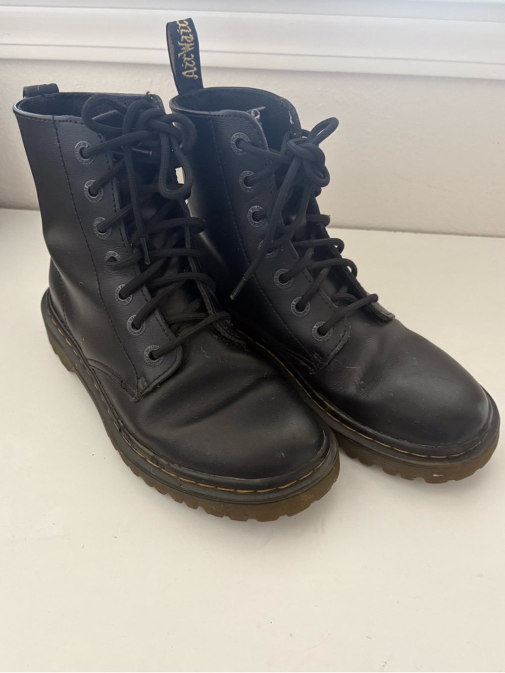 Dr. Martens Black Leather 8-Eye Lace-Up Boot Shoes with Yellow Stitching